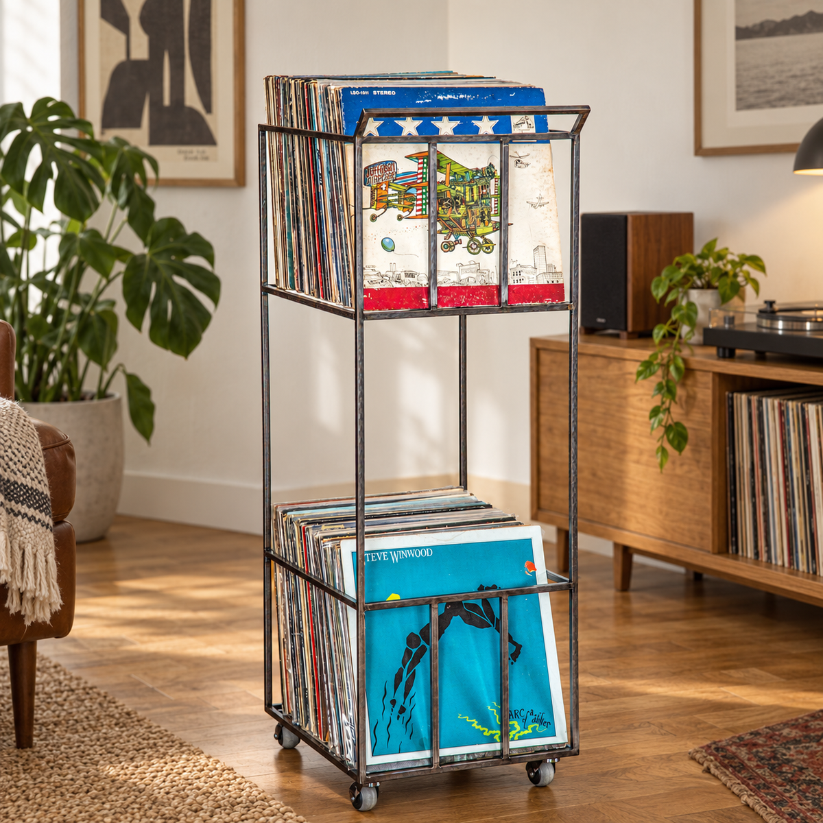 Atelier Article Double-Deck steel vinyl record cart with handle and two tiers of LPs in an AI-assisted listening-room scene.