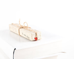 Ace of Hearts metal bookmark in red with the engraved wooden gift block it ships with