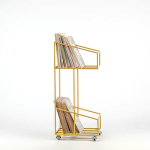 Premium Quality Hand-welded Golden Metal Double Deck Shopping Cart Style LP Record Mobile Stand. - Atelier Article