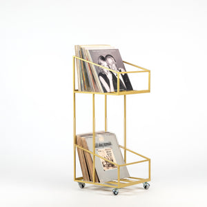 Premium Quality Hand-welded Golden Metal Double Deck Shopping Cart Style LP Record Mobile Stand. - Atelier Article