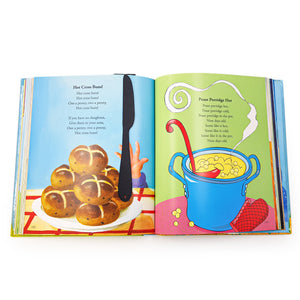 Black knife-shaped COOK bookmark lying vertically across an open illustrated children’s book with food-themed rhymes and colorful drawings of buns and porridge.