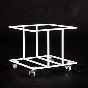 White metal vinyl record crate on wheels, shown empty to highlight its sturdy welded construction and modern minimalist design against a black background.