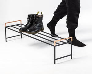 Minimalist Black Metal Shoe Rack with Copper Handles - Atelier Article