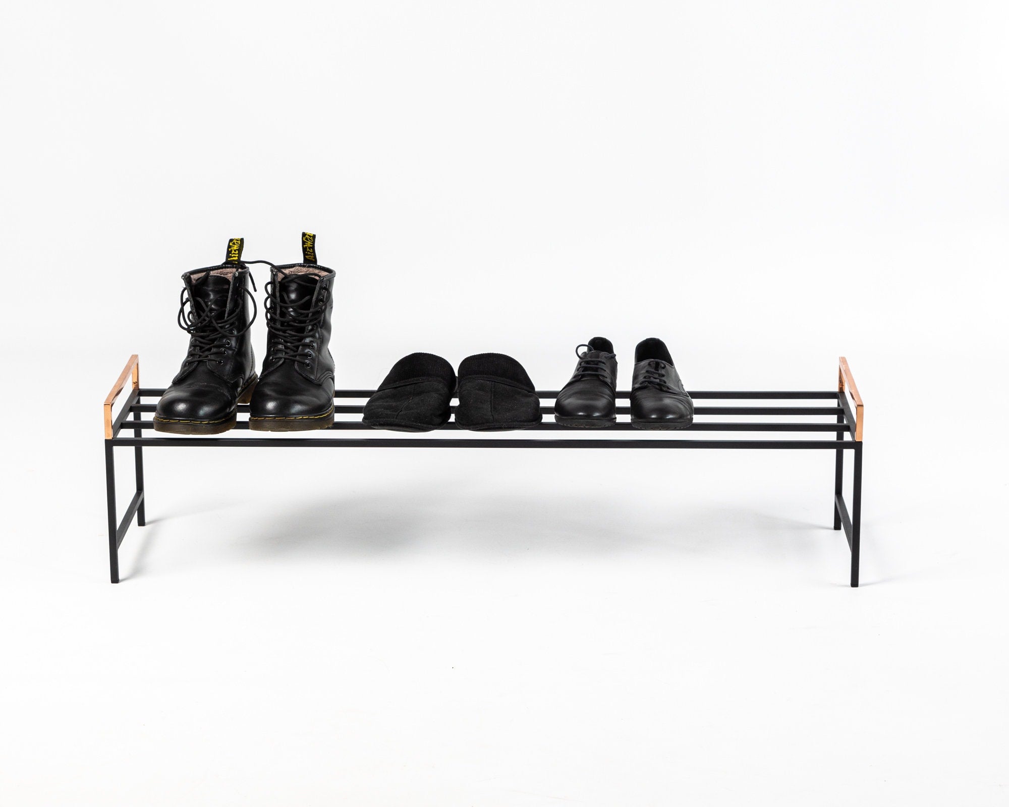 Minimalist Black Metal Shoe Rack with Copper Handles - Atelier Article