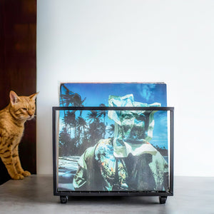Front view of a black metal vinyl record storage cart on wheels, showcasing a colorful tropical-themed record cover with palm trees and a distorted face on a blue background.