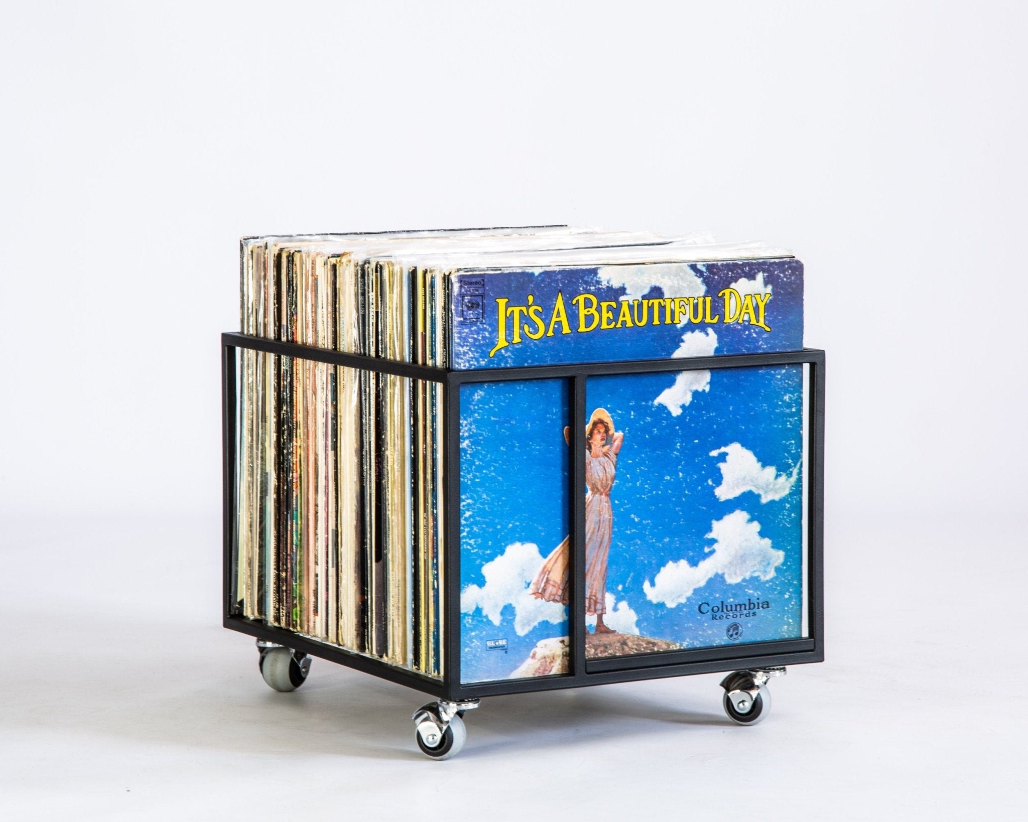 Premium Quality Hand-welded Black Metal Mobile Vinyl Record Crate "Windows". - Atelier Article