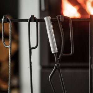 Modern Fireplace Tools with the Stand: Fireplace Poker, Tongs, Shovel, Broom, Hand Forged. - Atelier Article