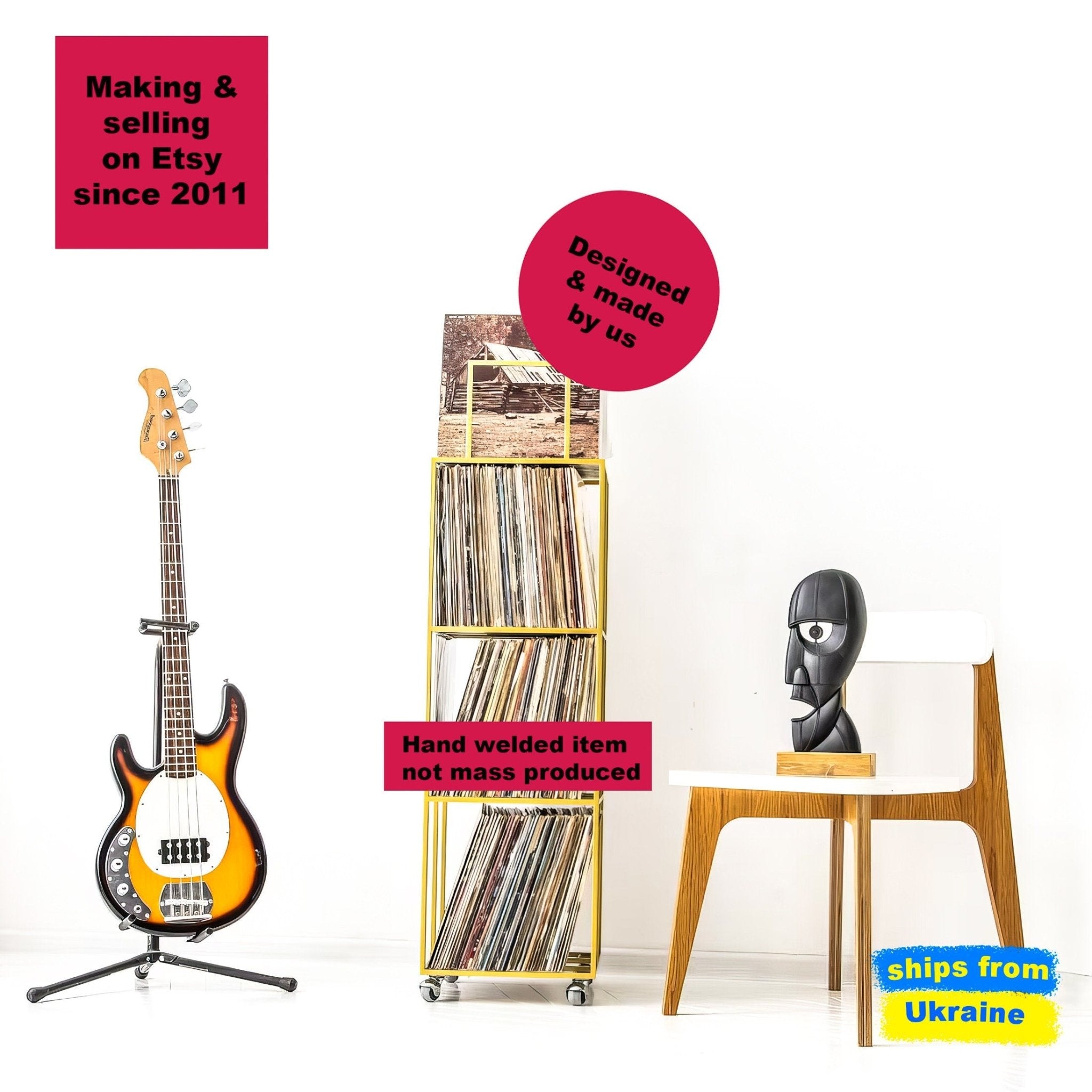 Bright modern room with a yellow metal vinyl record shelf, electric bass guitar, and a designer chair with a sculptural head piece. Designed and made by Atelier Article. Not mass-produced.