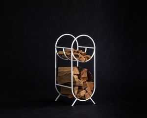 Oval White Bauhaus Log Holder - Small Elegant Firewood Storage with Kindling Section - Atelier Article