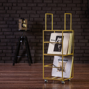 Hand-welded three-tier metal vinyl record stand on wheels, made by Atelier Article.