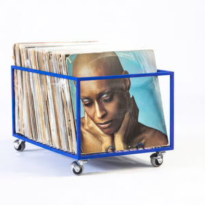Premium Quality Vinyl Record Blue Metal Crate on Soft Rubberised Rotating Wheels - Atelier Article