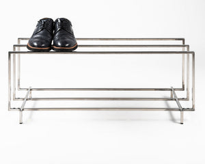 Polished stainless steel two-tier shoe rack, side view - Atelier Article