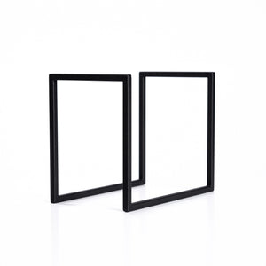 Minimalist metal vinyl record stand in black finish displayed on white background.