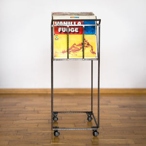 Front view of a premium quality Hand-Welded Vinyl Record Mobile Cart for DJs. The cart has one upper tier for record storage.