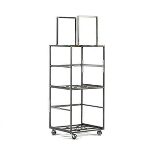 Bare metal vinyl record storage rack frame with four compartments and wheels, shown without records to highlight structure and design.