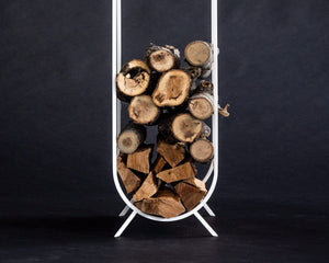 White Metal Log Holder "Bauhaus" Firewood Storage With a Round Kindling Section. - Atelier Article
