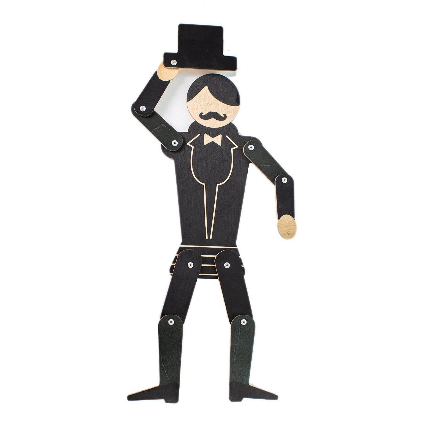 Wooden gentleman puppet in black tuxedo tipping top hat, full articulated figure on white background