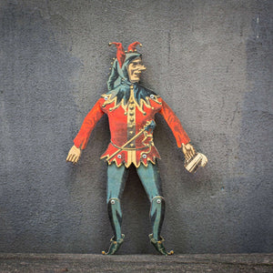 handmade articulated plywood jester puppet with movable joints front view