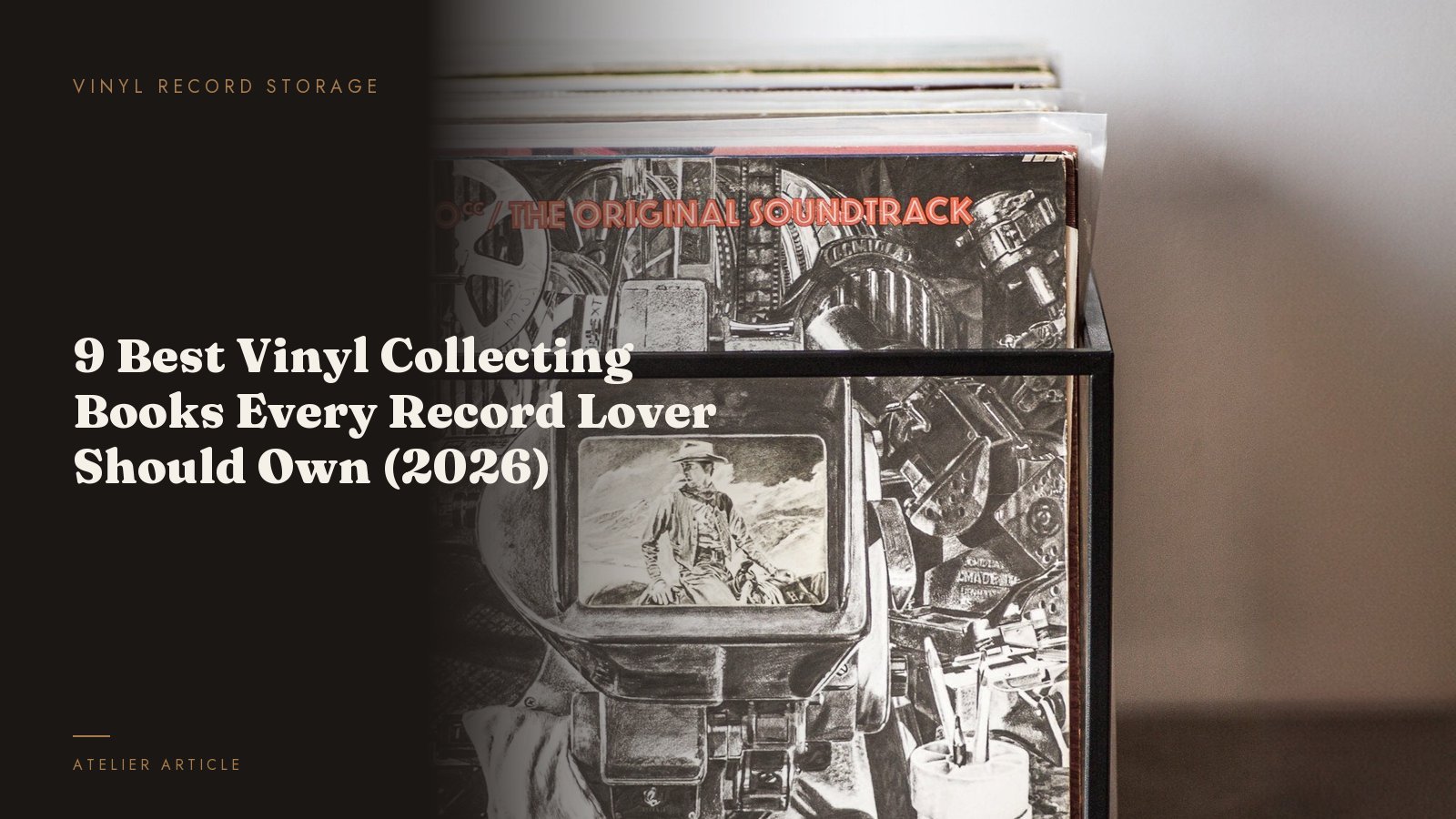 Vinyl record collecting books resting on a minimalist wooden record storage rack