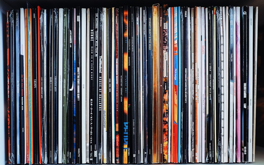 Vinyl record collection stored vertically in a dark storage rack