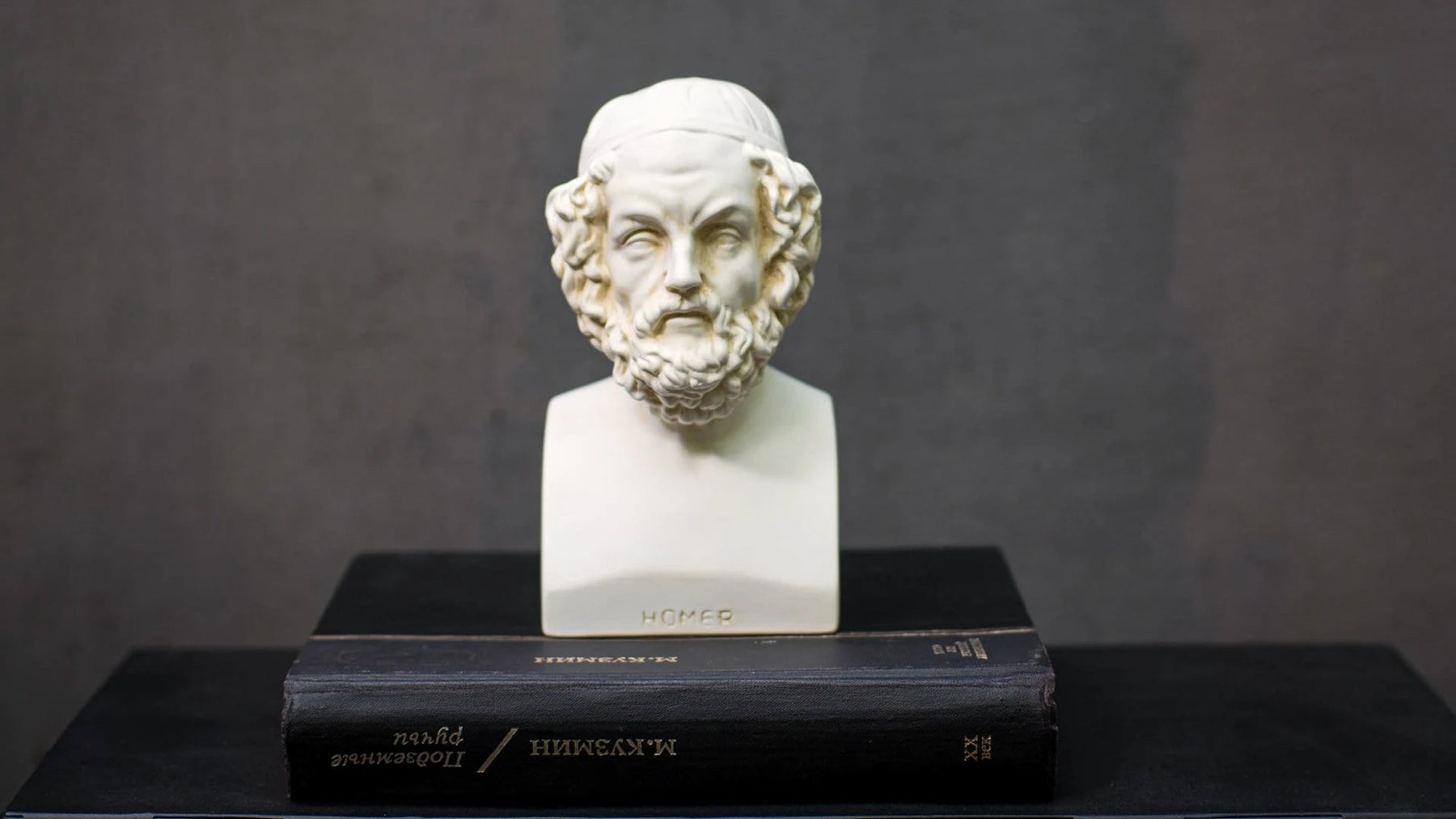 Homer plaster bookend resting on a heavy hardcover on a dark steel shelf.