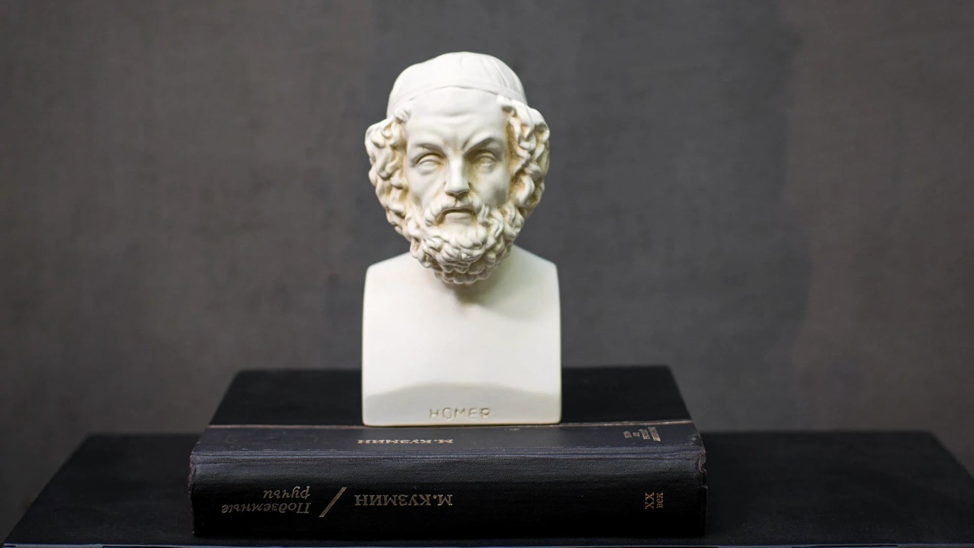 Homer plaster bookend resting on a heavy hardcover on a dark steel shelf.