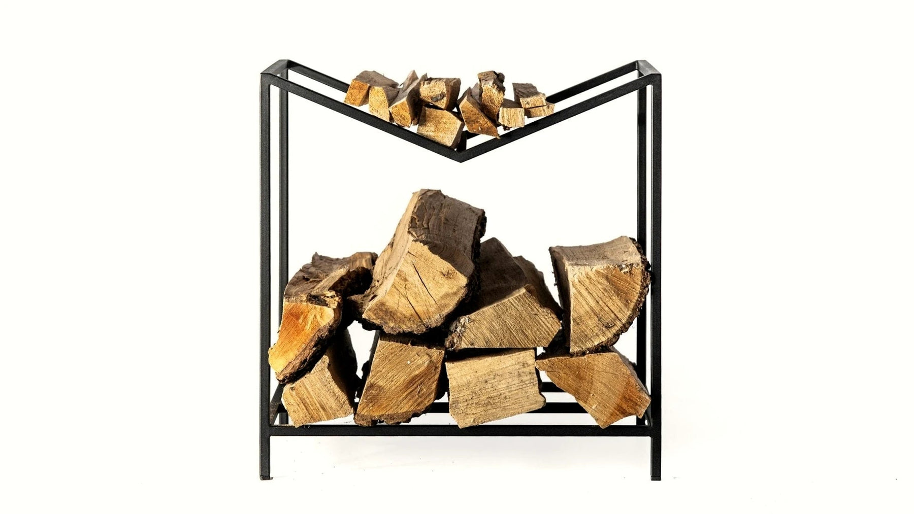 Steel Montana log holder with split logs on a light floor.