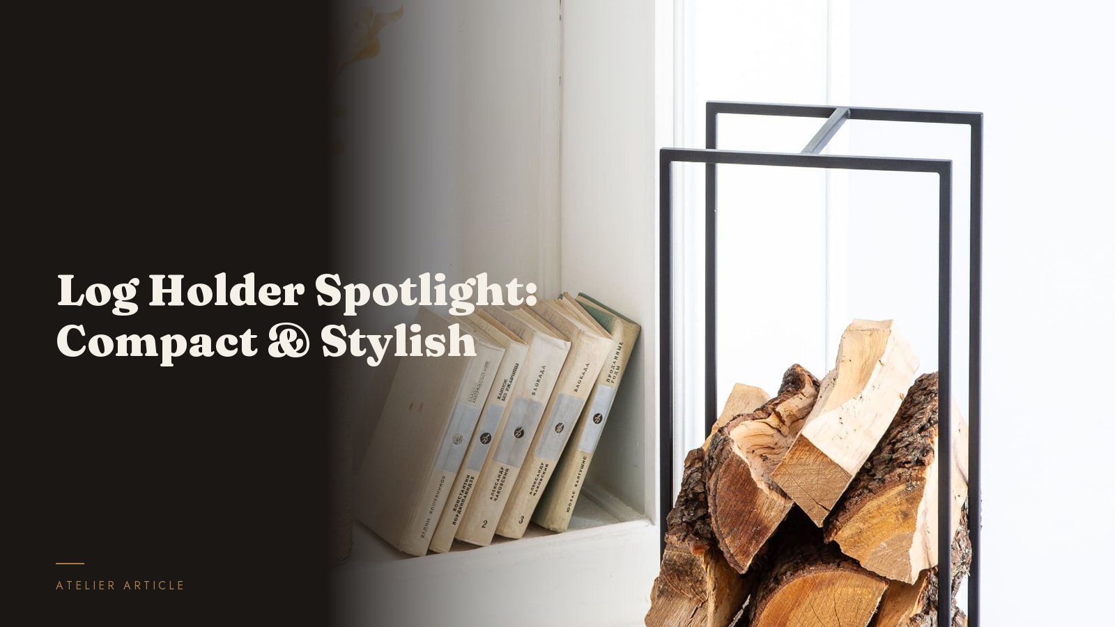Compact steel indoor log holder beside a modern fireplace