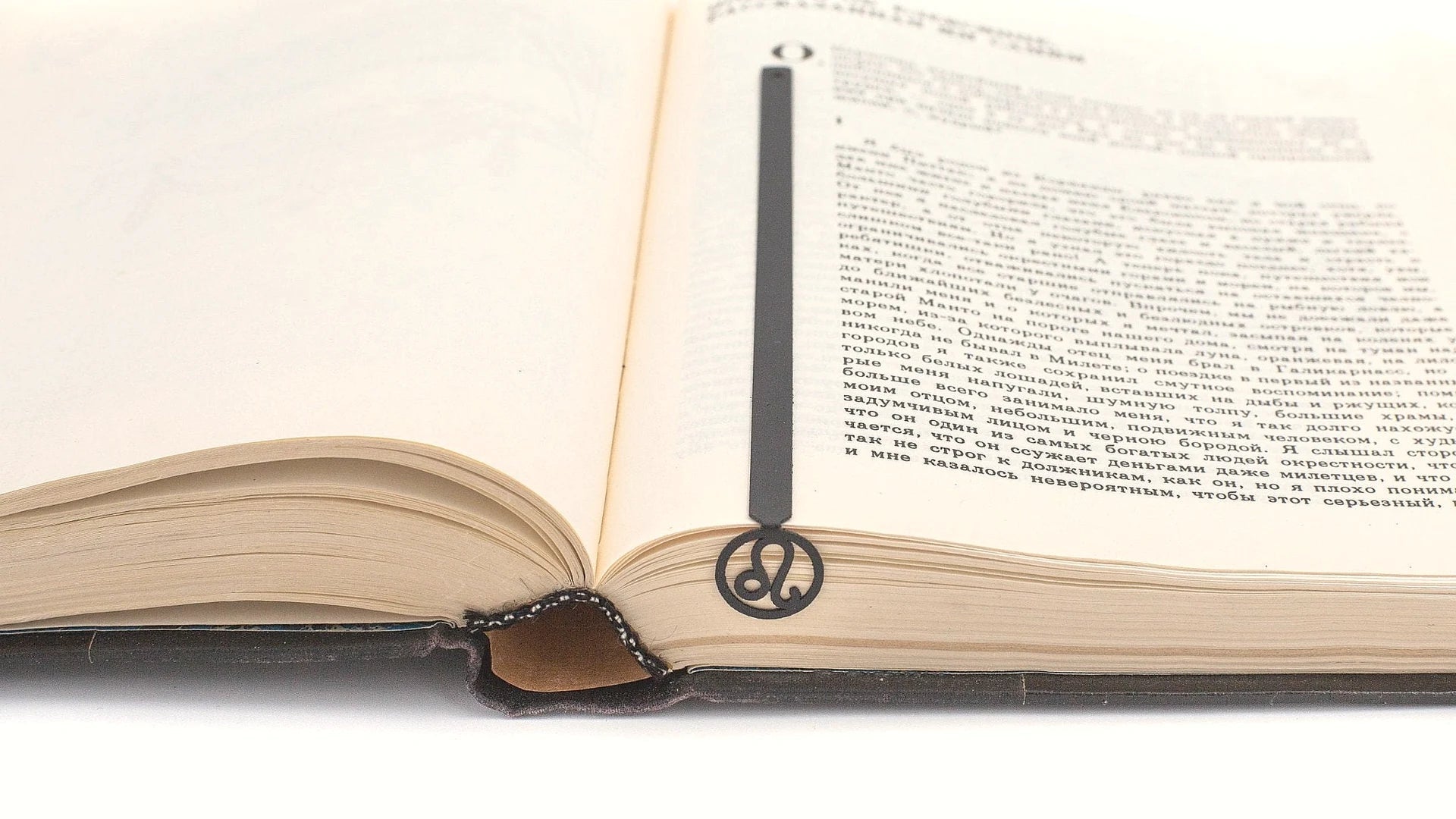 Slim steel bookmark sitting flush between the pages of a closed book.
