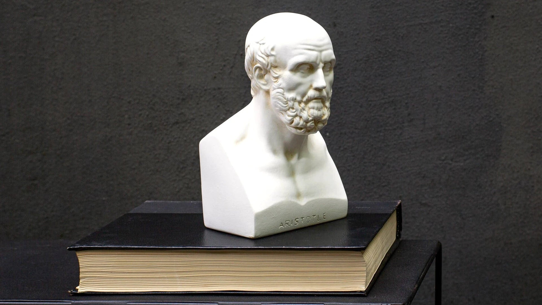 Aristotle plaster bust on a stack of books against a dark plaster wall.
