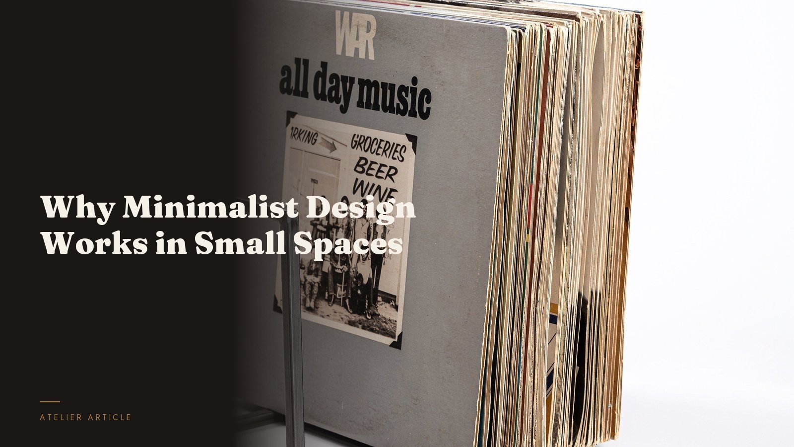 Compact steel vinyl record stand in a calm small interior — minimalist small-space design