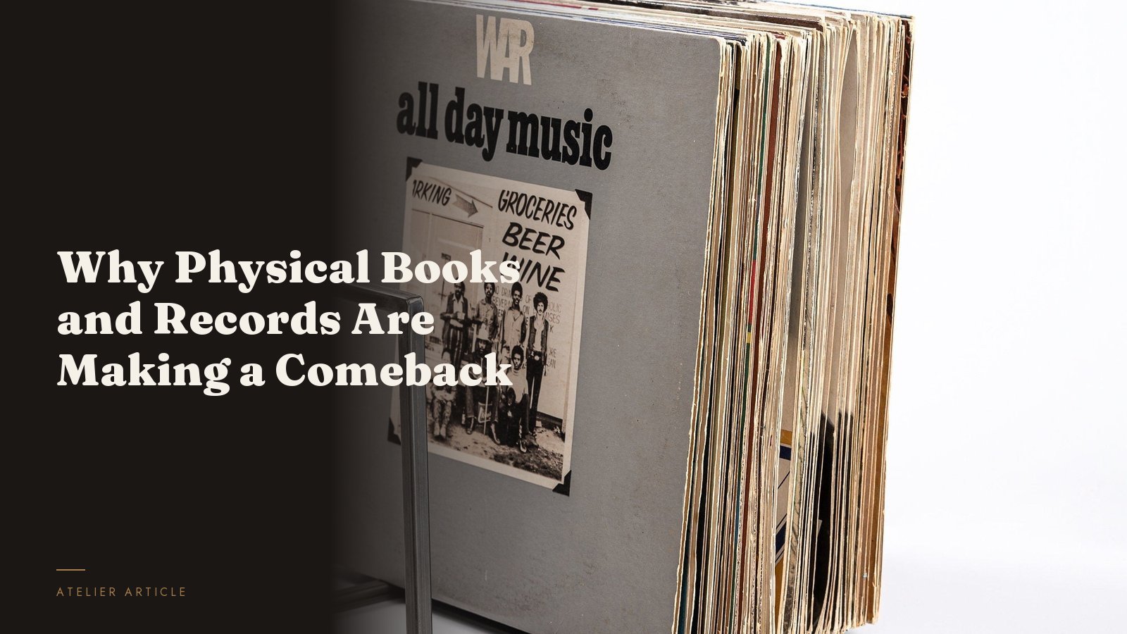 Vinyl records and books arranged as a physical media collection