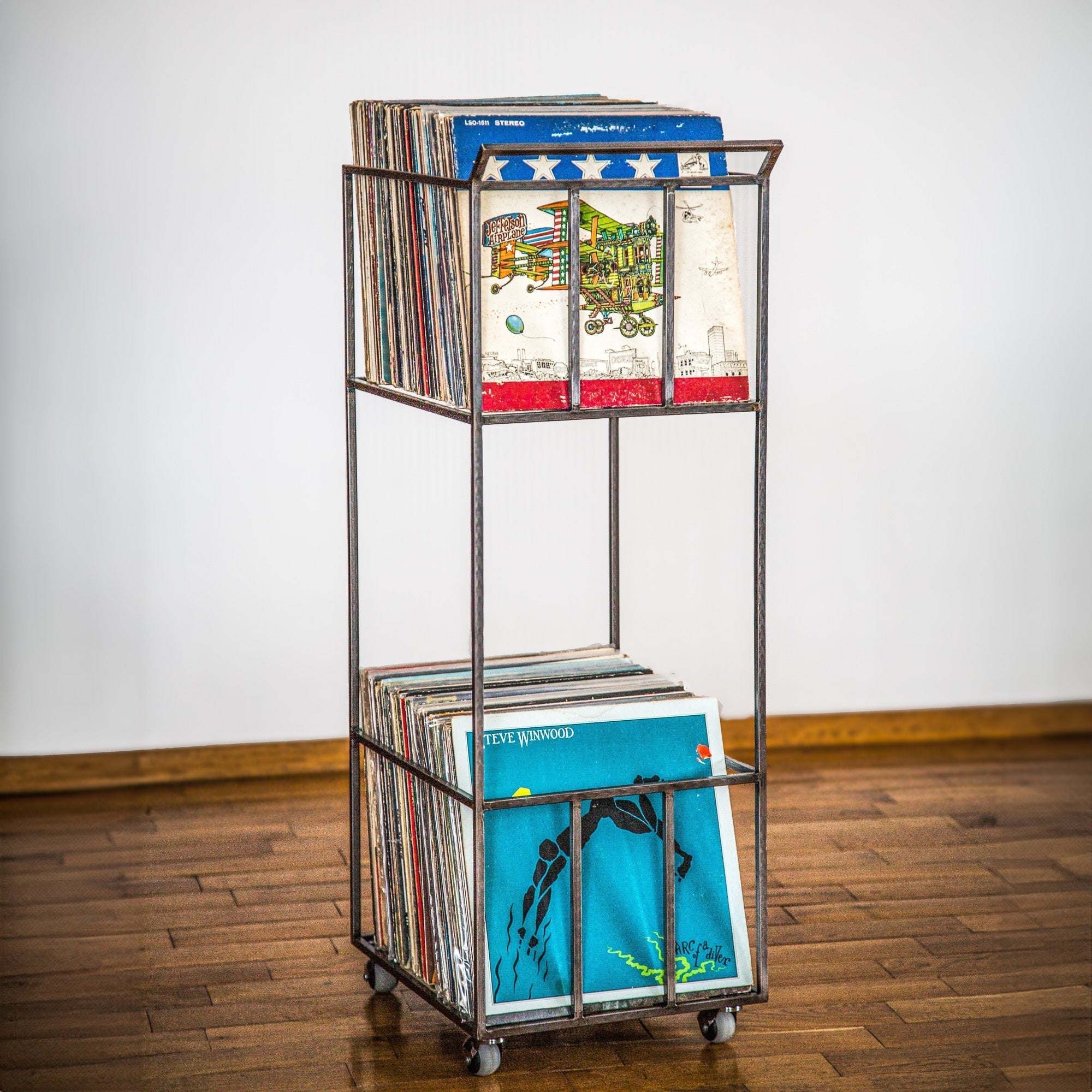Double-deck vinyl record storage cart for around 200 LPs