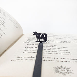 Cow bookmark gift set — metal bookmark on wooden presentation block with twine, ready to gift