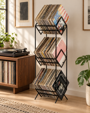 Black Atelier Article 3Romb three-tier vinyl record stand with diagonally arranged LPs beside a walnut turntable cabinet in a sunlit listening room.