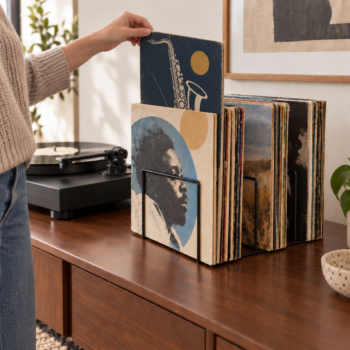 Person lifting a blue album with a saxophone design from a black COMB vinyl record stand beside a turntable.