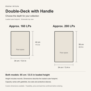Atelier Article Double-Deck size comparison: approximately 160 LPs, 34 by 44 cm; 200 LPs, 34 by 56 cm; both 85 cm high including records.