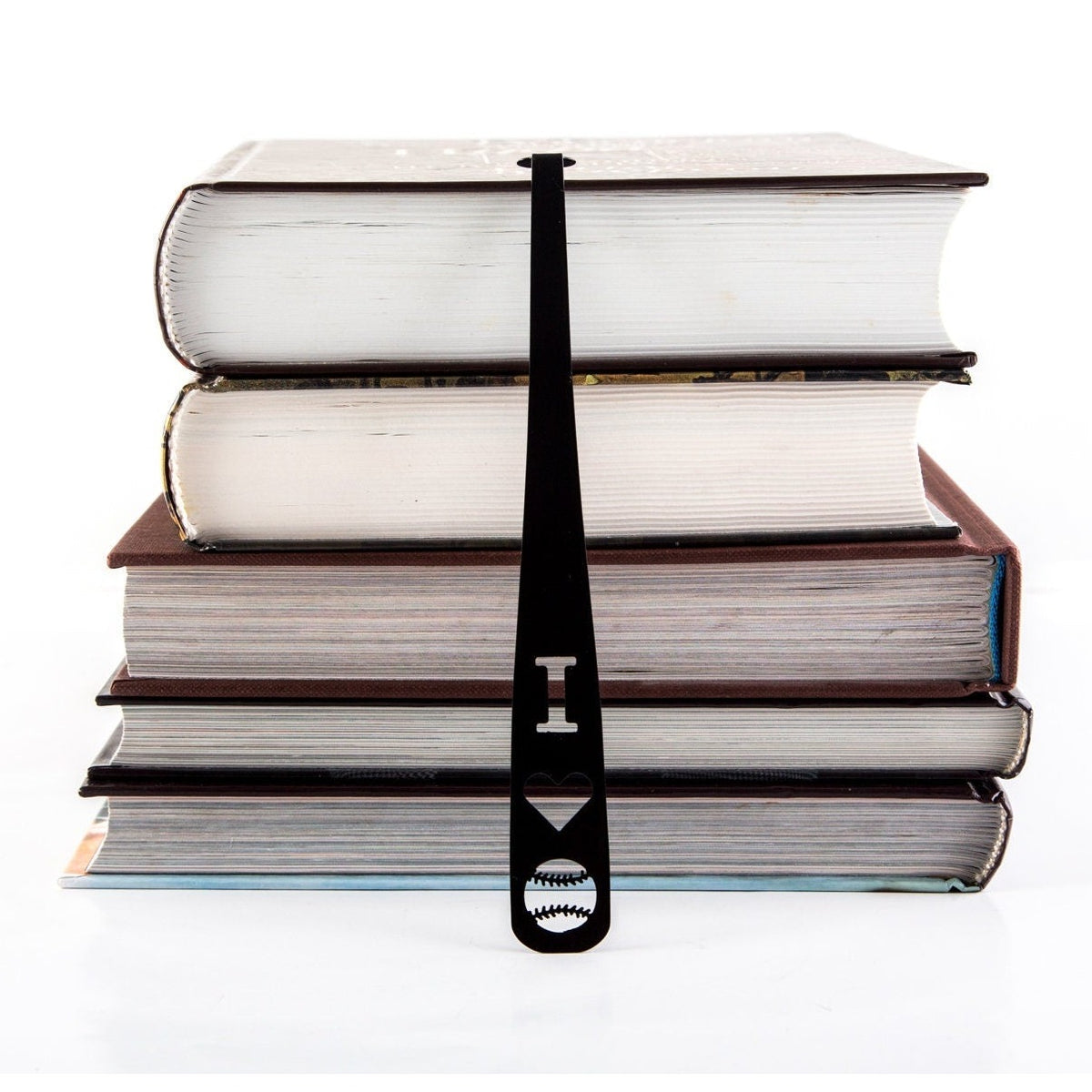 Baseball Love metal bookmark shown with a stack of books
