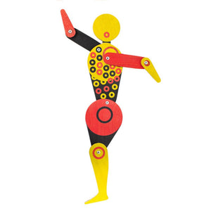 Bauhaus circle dancer puppet in red, yellow and black with geometric circles, leg raised