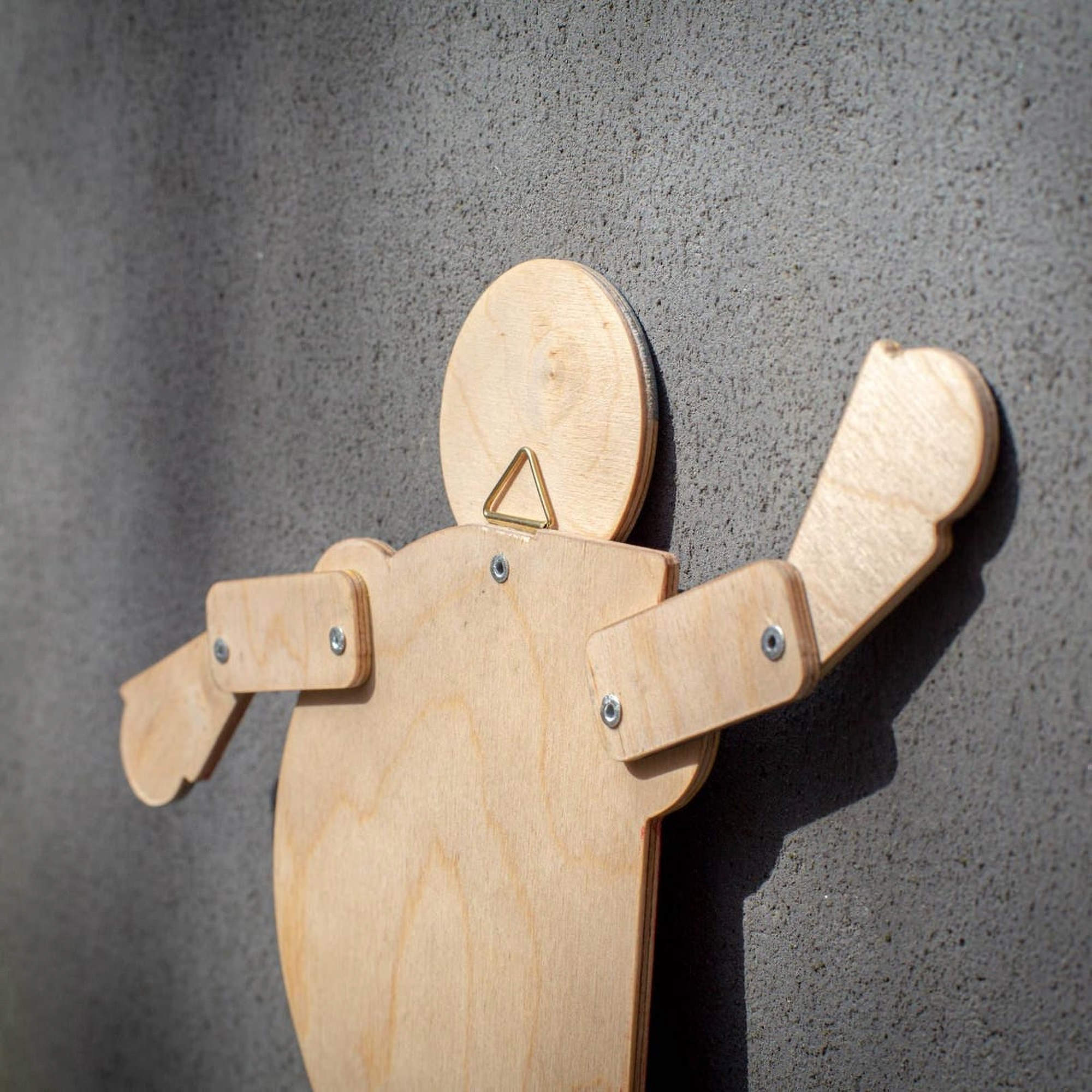 wooden acrobat toy articulated figure back view unfinished wood