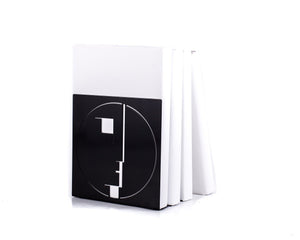Bauhaus building silhouette metal bookends shown without books