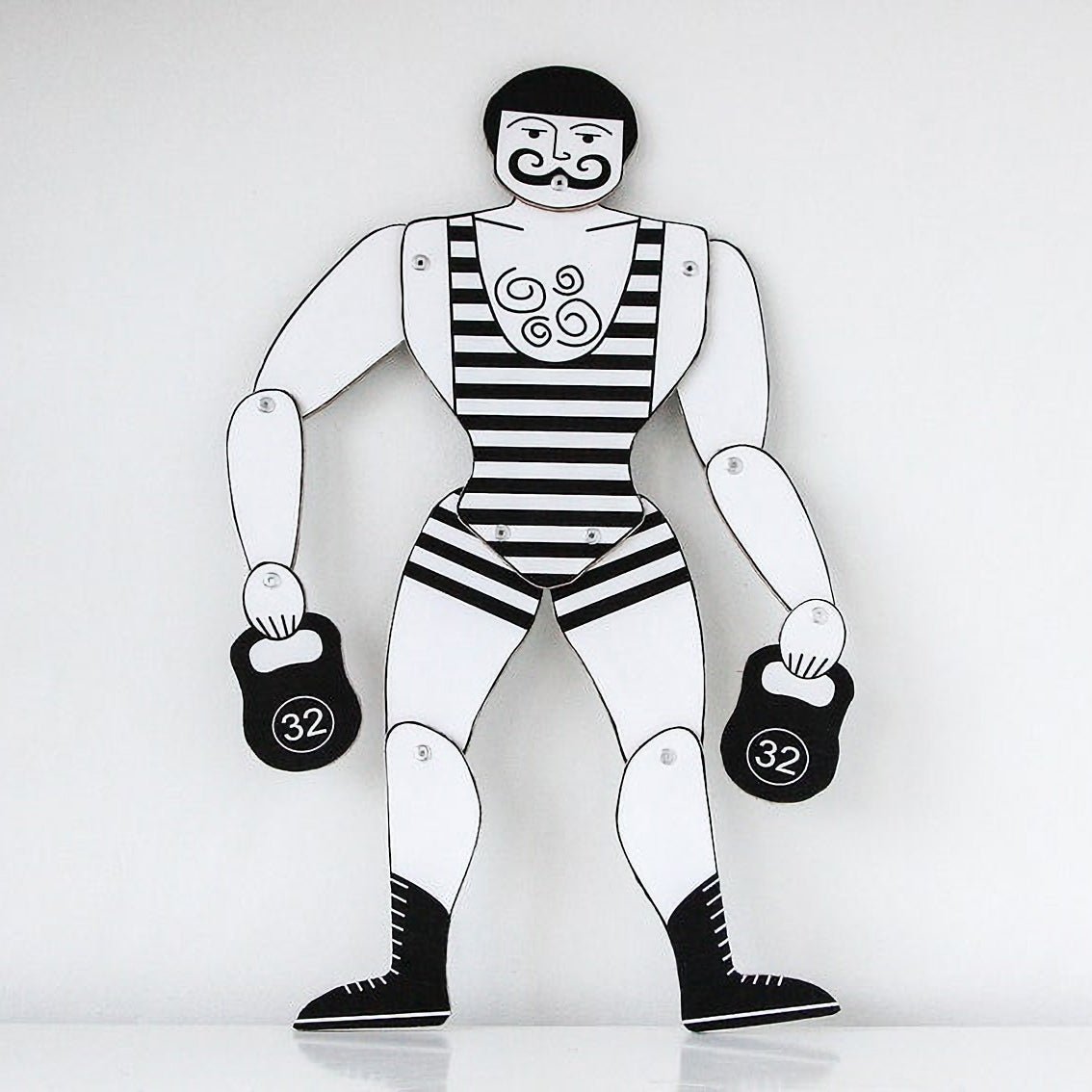 Black and white Bauhaus strongman jumping jack puppet — handmade plywood marionette wall decor