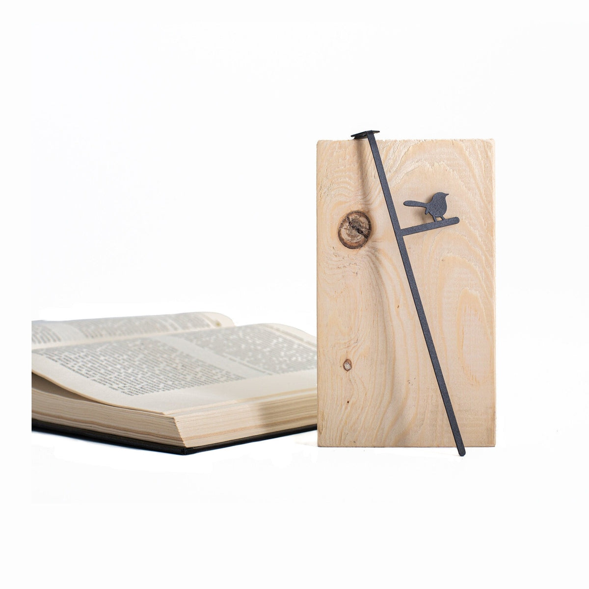 Bird and a Birdhouse metal bookmark with the engraved wooden gift block it ships with