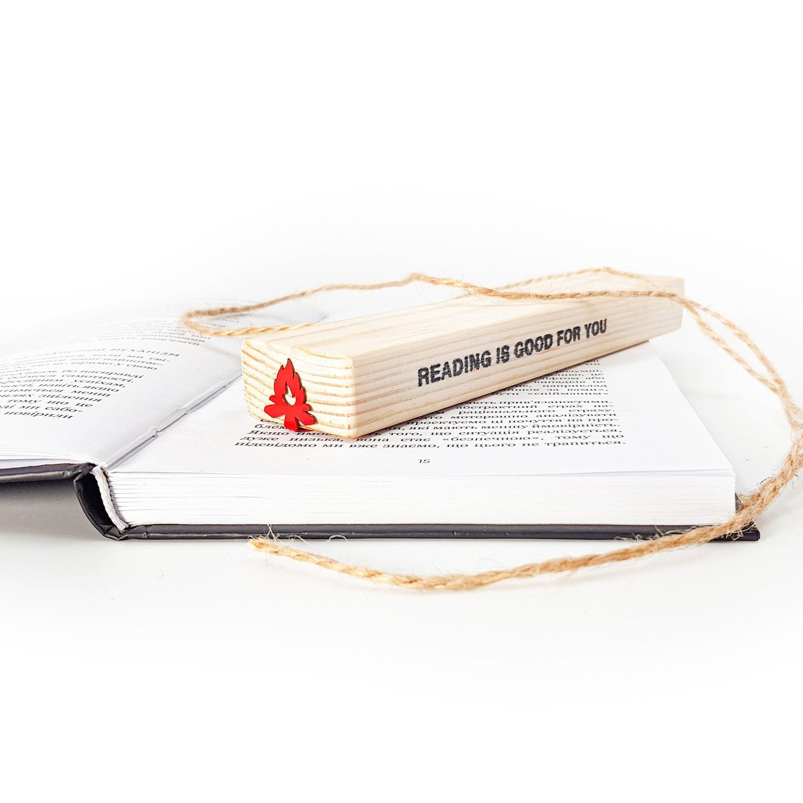 Bonfire metal bookmark with the engraved wooden gift block it ships with