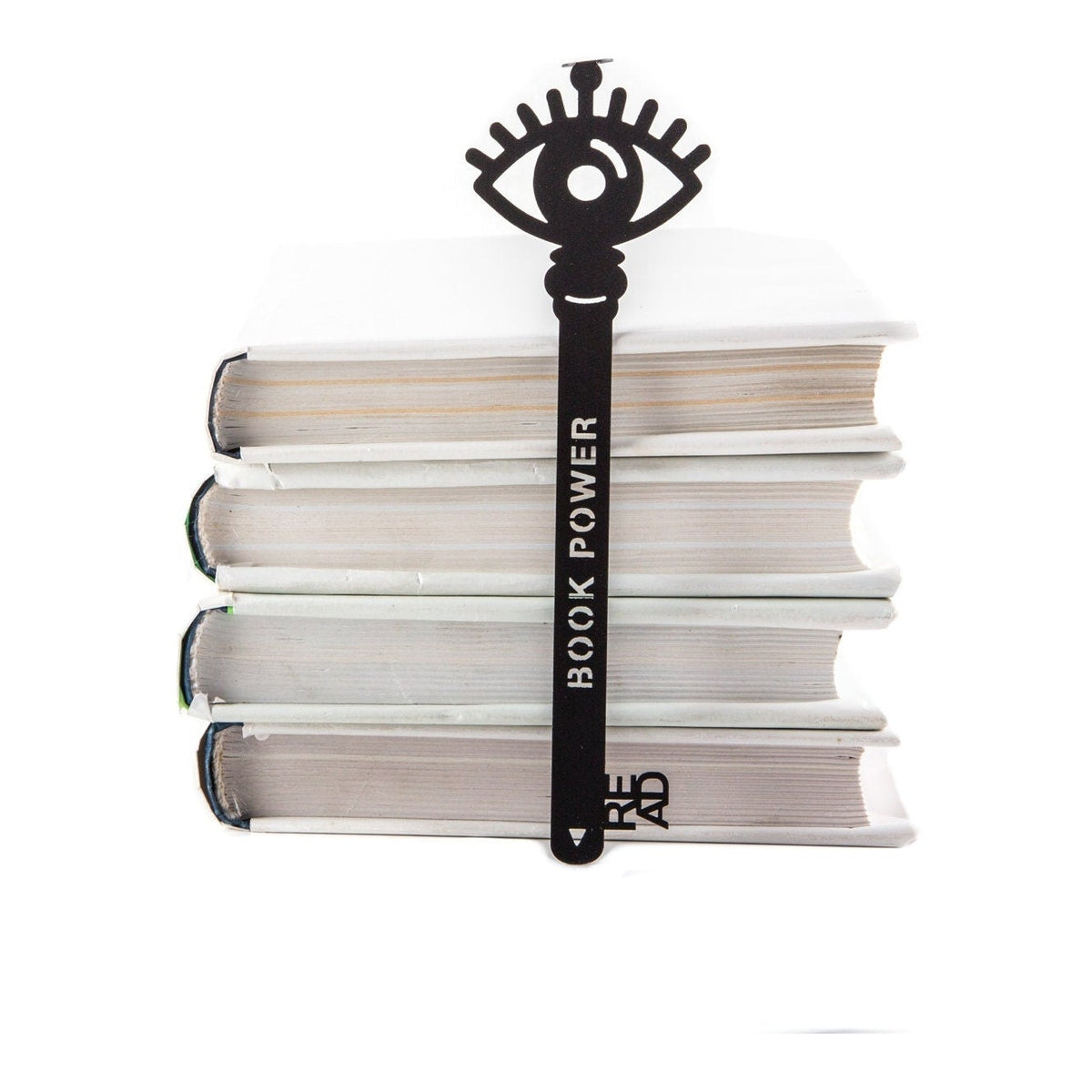 Book Power Is the Key metal bookmark shown with a stack of books