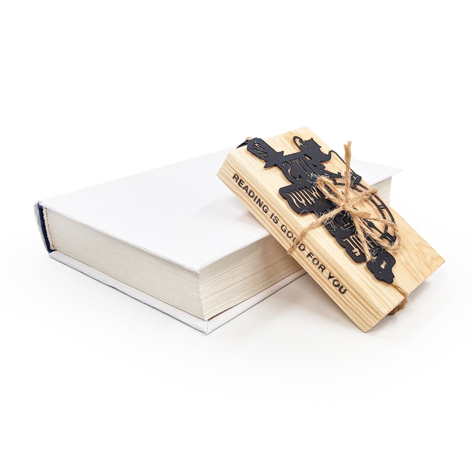 Alice in Wonderland's The Tea Party metal bookmark with the engraved wooden gift block it ships with
