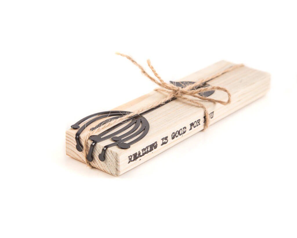 Anethum metal bookmark with the engraved wooden gift block it ships with