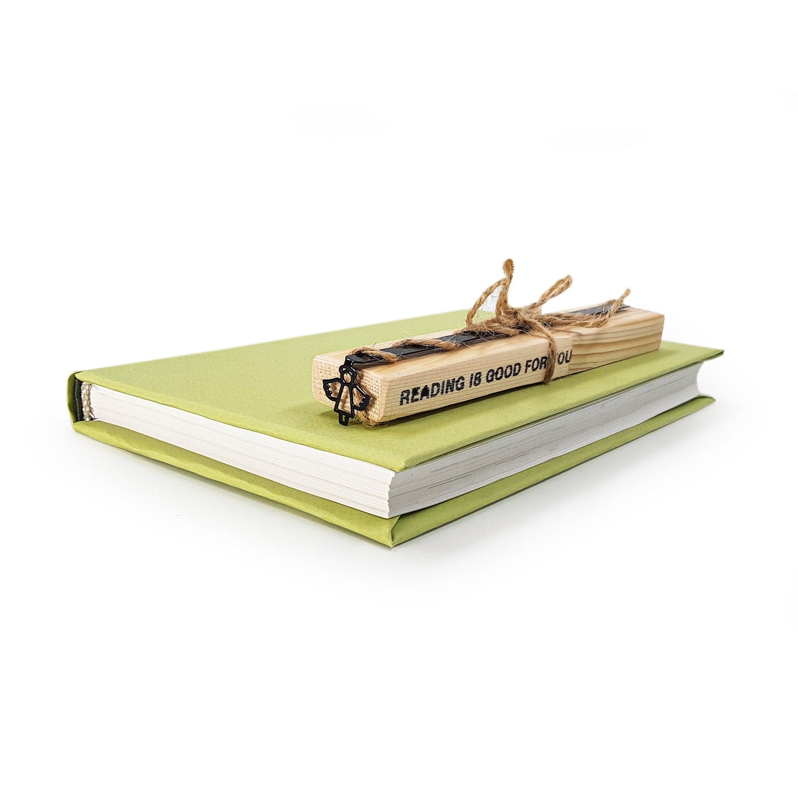 Angel metal bookmark with the engraved wooden gift block it ships with