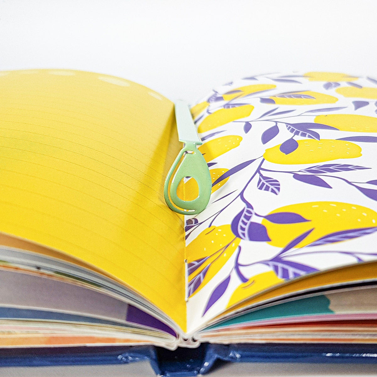 Avocado metal bookmark marking a page in an illustrated book