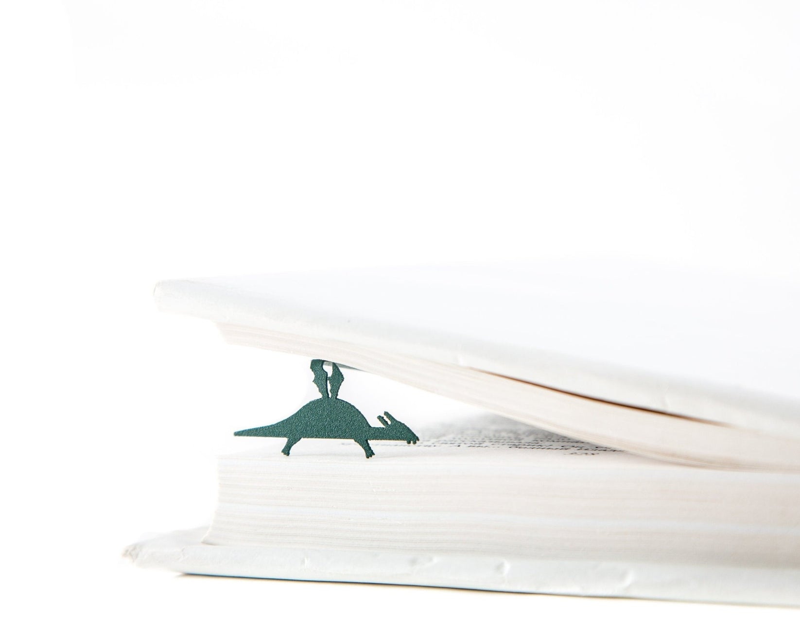 Baby Dinosaur metal bookmark in green marking a page in an open book